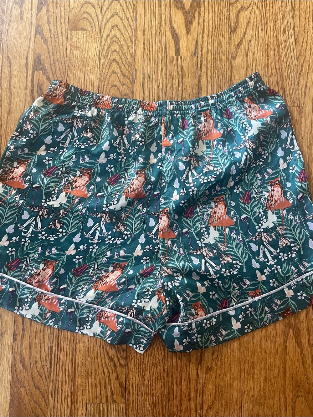 Their Nibs Anthropologie FOREST OWL & FLORAL PRINT GREEN PAJAMA SHORTS BOTTOM - Picture 4 of 4